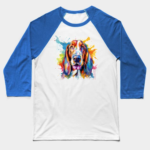 Basset Hound Splash AI Art Baseball T-Shirt by CunninghamWatercolors